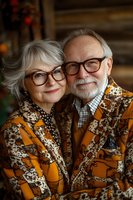 Happy senior couple wearing matching patterned outfits and glasses embracing warmly in cozy home setting for lifestyle and relationship content.
