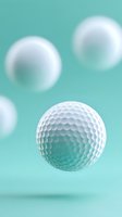 White golf ball floating on mint green background with soft blurred spheres. Clean minimalist sports composition for advertising and design projects.