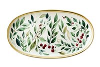 Elegant oval ceramic serving platter with hand-painted green leaves and red berries pattern, featuring gold rim for festive holiday entertaining.