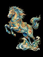 Ornate rearing horse with teal and gold armor, flowing mane, and swirling waves. Isolated on transparent background, ready for t-shirts, stickers, and print on demand.