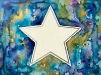 White star shape on vibrant watercolor background with blue, green, yellow and purple paint splatters. Artistic design element for creative projects.