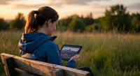Young woman using tablet computer outdoors at sunset in rural field setting for remote work and digital lifestyle.