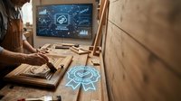 Young male professional with medium skin tone working at wooden desk with digital tablet and augmented reality holographic interface displaying data analytics and certification badge for business technology solutions.