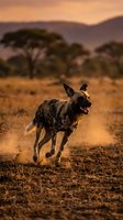 African wild dog running across savanna grassland during golden hour sunset with acacia trees and mountains in background creating dramatic wildlife scene.