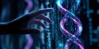 Glowing digital DNA helix structure with particles and reaching hand in blue technological environment, representing genetic research and biotechnology advancement.