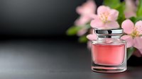 Pink luxury perfume bottle with spring blossom flowers on dark background, soft focus cosmetic product photography for beauty and fragrance advertising.