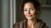 Confident woman with natural beauty and curly hair smiling gently by window in soft natural light, wearing cozy brown knit sweater.