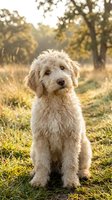 Adorable cream-colored labradoodle puppy sitting in golden hour sunlight on grass field with blurred trees background for pet care and family lifestyle content.