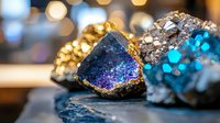 Colorful mineral crystals with iridescent blue and purple surfaces against blurred bokeh background, raw gemstones displaying natural formations and metallic luster.