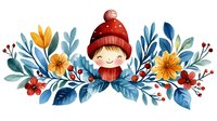 Cheerful character in red winter hat and scarf surrounded by watercolor floral arrangement with yellow flowers, blue leaves and red berries on white background.