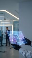 Person wearing black gloves holding transparent digital tablet displaying holographic data analytics interface in modern office environment with colleagues visible in background.