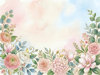 Watercolor floral border with pink roses, peonies, and ranunculus on soft pastel background. Botanical frame design for wedding invitations, greeting cards, and stationery projects.