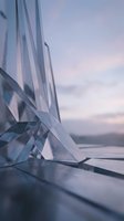 Modern futuristic architecture with angular glass and metal facade overlooking serene water landscape at dusk, suitable for corporate and design projects.
