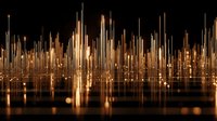 Abstract golden sound wave visualization with vertical light bars on black background, creating futuristic audio spectrum display for music or technology concept.
