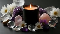 Lit candle surrounded by healing crystals, amethyst, rose quartz and white daisies creating peaceful spa meditation atmosphere for wellness and relaxation.