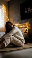 Young woman in white pajamas sitting peacefully on bed in cozy bedroom with warm fairy lights creating intimate atmosphere for relaxation and comfort.