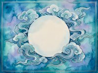 Ornate circular frame with swirling cloud motifs on blue purple watercolor background for decorative design projects and artistic compositions.