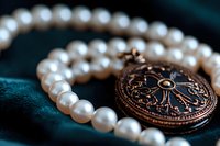 Elegant string of white pearls with vintage copper locket featuring ornate floral design, lying on dark teal velvet fabric, macro jewelry photography.