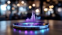 Futuristic holographic city skyline projection emerging from circular device on wooden surface with bokeh lights background for technology presentations.