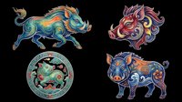 Colorful decorative boar designs isolated on transparent background. Asian-inspired pig illustrations with ornamental patterns, perfect for t-shirt designs, clipart, stickers, sublimation, and print-on-demand products.
