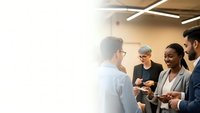 Diverse business team having casual meeting in modern office space with natural lighting and contemporary design elements for corporate presentations.