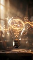Glowing light bulb with brain filament surrounded by golden particles and innovation symbols representing creative thinking and breakthrough ideas.