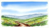 Watercolor landscape painting with winding dirt path through rolling green hills under blue sky with white clouds and distant mountains.