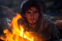 Young Hispanic man with curly dark hair illuminated by campfire glow at night, wearing rugged outdoor clothing, expressing contemplative mood in wilderness setting.