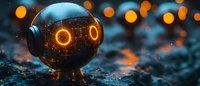 Glowing robot character with luminous orange eyes against dark background with bokeh lights and water reflections creating magical atmosphere.