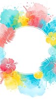 Tropical watercolor frame with hibiscus flowers, palm leaves and citrus slices in bright colors. White circle space for text or design elements.