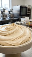 Creamy frosting swirled in a mixing bowl with professional bakery equipment and kitchen appliances visible in a commercial pastry preparation workspace.