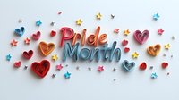 Colorful neon style Pride Month text with decorative hearts and stars scattered around on light background, celebrating LGBTQ+ community and equality.