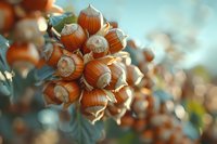 Cluster of ripe hazelnuts on branch with natural bokeh background, macro photography perfect for autumn seasonal design, food packaging and organic product marketing.