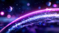 Glowing cosmic horizon with pink and blue light trails against starry space background, creating futuristic atmosphere with bokeh effects and ethereal glow.