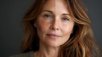 Close-up portrait of mature woman with natural freckles and wavy auburn hair against dark background, conveying confidence and authenticity.