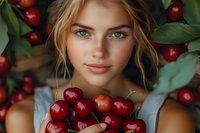Young woman with freckles and blue eyes holding fresh cherries surrounded by cherry branches, natural summer harvest concept.