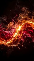Dynamic liquid fire splash with glowing golden and crimson waves erupting against dark background, featuring swirling molten streams and bright sparks for energy and motion design projects.