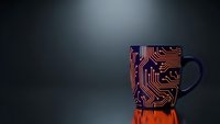 Coffee mug with electronic circuit board pattern in copper and black colors on dark background for tech enthusiasts and digital professionals.