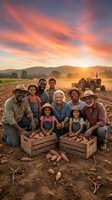 Multigenerational African American farming family celebrating sweet potato harvest at sunset, posing with wooden crates of fresh produce in a field.