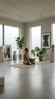 Woman in beige clothing meditating on jute mat in minimalist studio space with potted plants, artwork, and natural light from large windows.