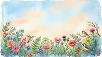 Watercolor garden border with colorful wildflowers, ferns, berries, and birds on a soft pastel sky background, perfect for greeting cards and invitations.