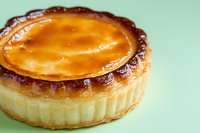 Homemade caramelized custard tart with flaky pastry crust and golden brown brulee top on mint green background, close up view of French pastry dessert.