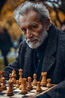 Elderly Caucasian man with gray beard playing chess outdoors in autumn park, wearing dark sweater, concentrating on wooden chess pieces during strategic game.