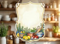 Vintage kitchen hanging sign with herbs, vegetables and cookware, blank frame for custom text, watercolor style decor element.