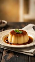 Creamy vanilla panna cotta dessert with caramel sauce and fresh mint garnish served on elegant white plate for gourmet dining and restaurant menu.
