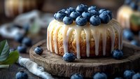 Fresh blueberry bundt cake with white glaze dripping down sides, topped with ripe berries, served on rustic wooden board in moody lighting.