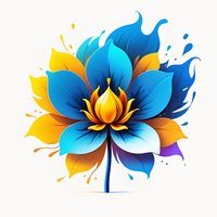Stylized lotus flower in vibrant blue and orange colors with dynamic splash effects on white background, isolated design element for creative projects.