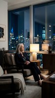 Mature woman in professional black suit sitting in modern office chair gazing at illuminated city skyline through floor-to-ceiling windows at night, suitable for corporate, business leadership, and professional success concepts.
