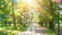 Young woman dancing joyfully in sunny park with decorative doodle elements overlay. Lifestyle concept for wellness, happiness and outdoor recreation.