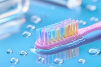 Pink toothbrush with multicolored bristles on wet blue surface with water drops, reflecting soft light. Dental hygiene and oral care concept.